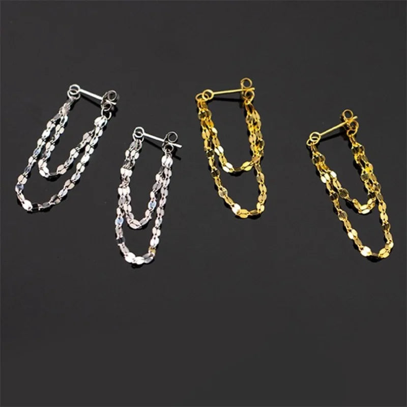 Minimalism Design Double Layered Tassel Chain Earrings for Women Shiny Gold Color Simple Ear Line Cartilage Jewelry Wholesale