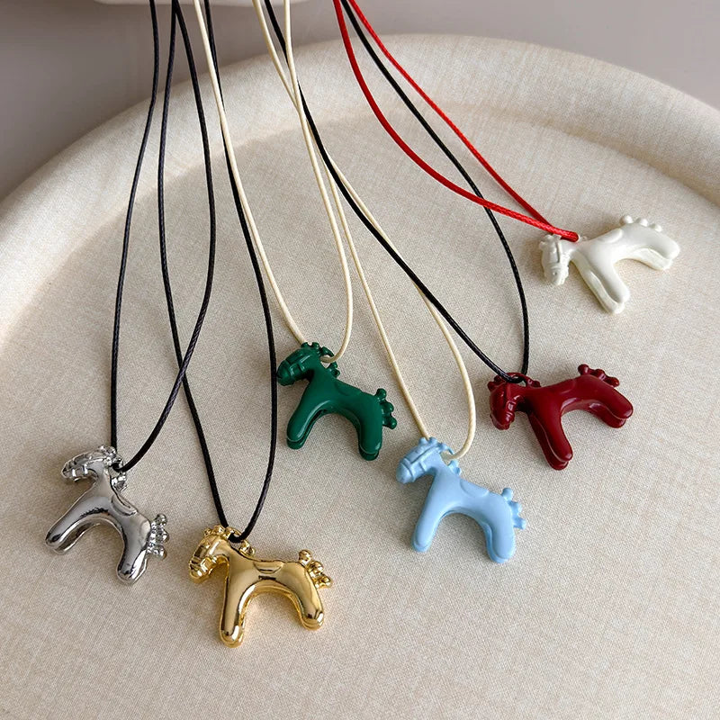 Minimalism Enamel Drip Glaze Colorful Horse Pendant Long Necklace Adjustable Sweater Chain Simple Jewelry Accessories Gifts
