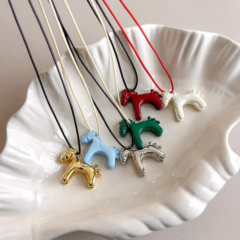 Minimalism Enamel Drip Glaze Colorful Horse Pendant Long Necklace Adjustable Sweater Chain Simple Jewelry Accessories Gifts