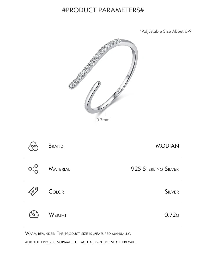 MODIAN Minimalism 925 Sterling Silver Line Thin CZ Opening Size Finger Ring Classic Luxury Stackable Jewelry For Women Gifts