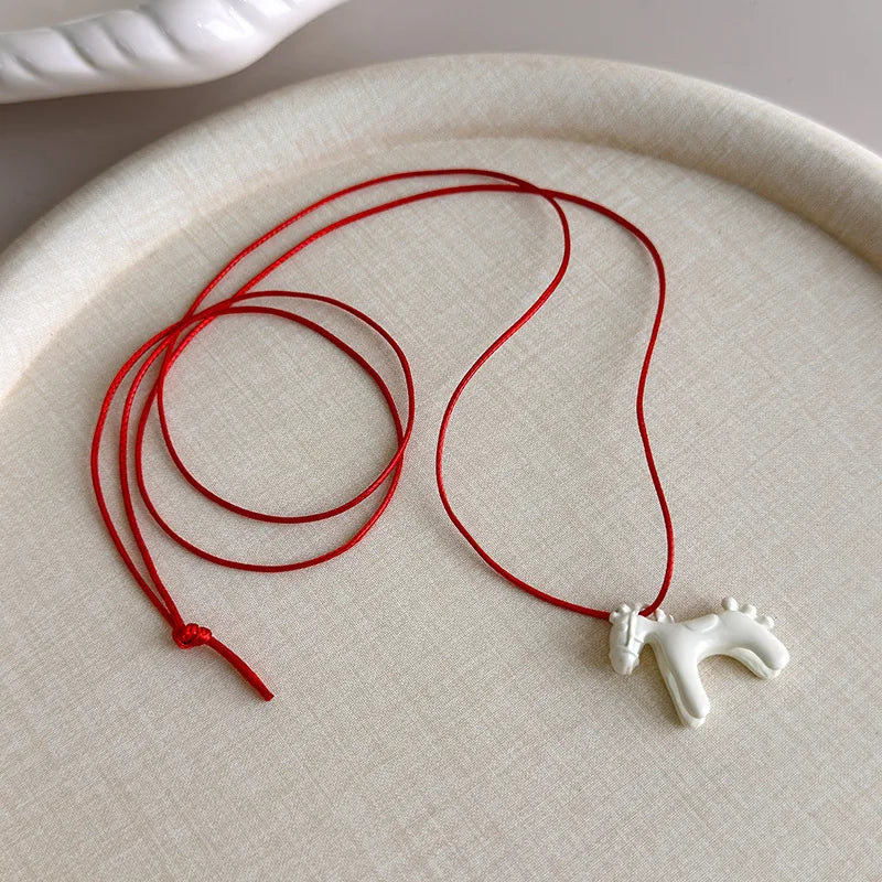Minimalism Enamel Drip Glaze Colorful Horse Pendant Long Necklace Adjustable Sweater Chain Simple Jewelry Accessories Gifts
