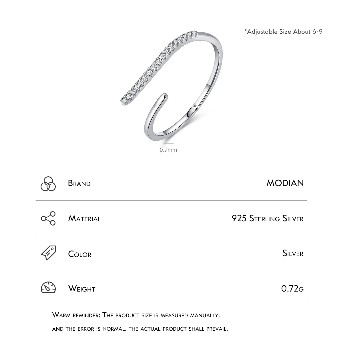 MODIAN Minimalism 925 Sterling Silver Line Thin CZ Opening Size Finger Ring Classic Luxury Stackable Jewelry For Women Gifts