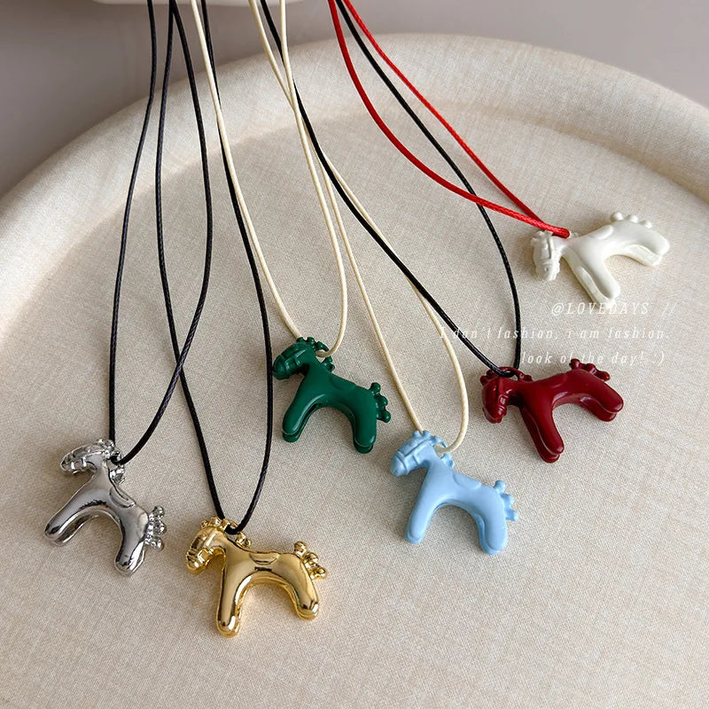 Minimalism Enamel Drip Glaze Colorful Horse Pendant Long Necklace Adjustable Sweater Chain Simple Jewelry Accessories Gifts