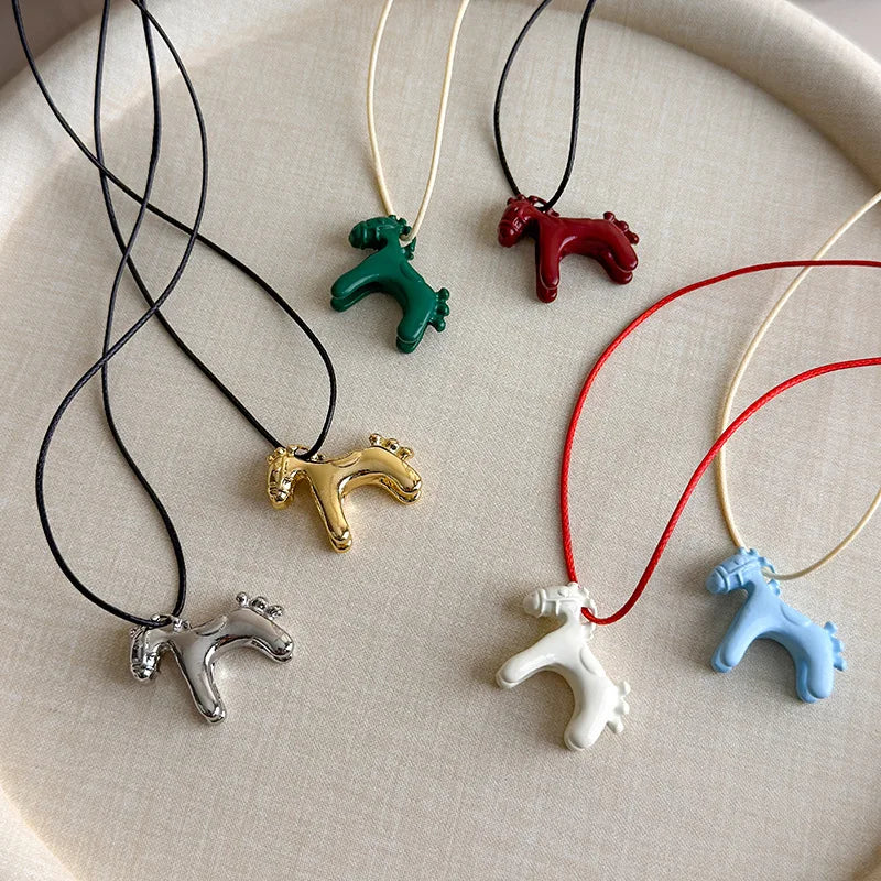 Minimalism Enamel Drip Glaze Colorful Horse Pendant Long Necklace Adjustable Sweater Chain Simple Jewelry Accessories Gifts