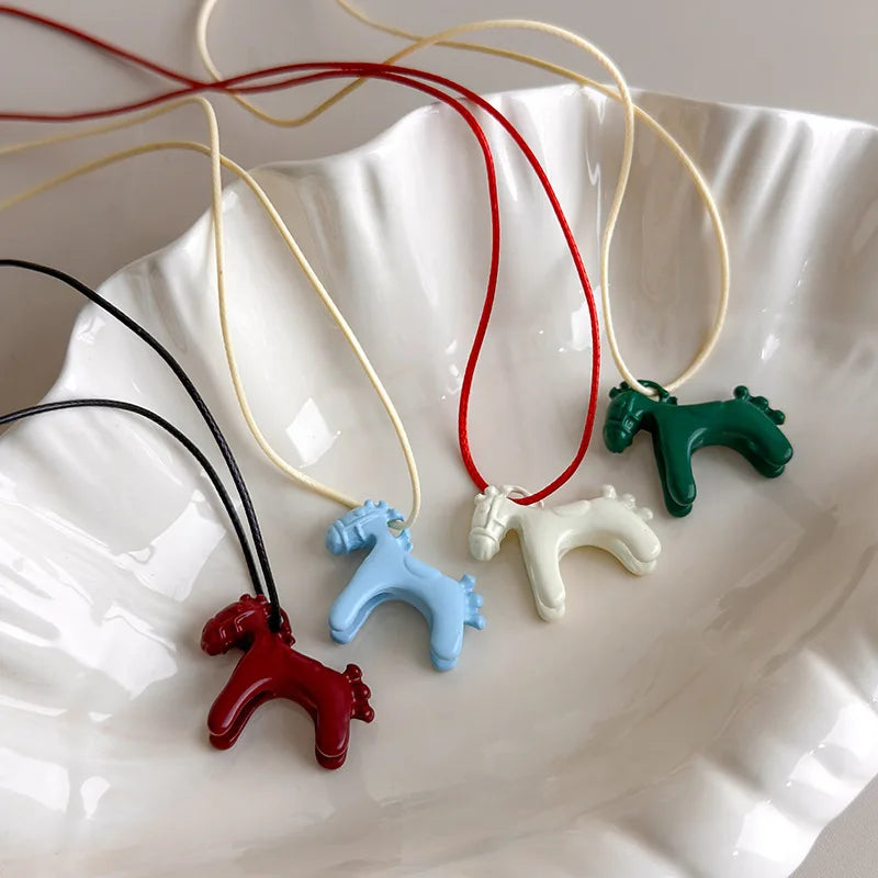 Minimalism Enamel Drip Glaze Colorful Horse Pendant Long Necklace Adjustable Sweater Chain Simple Jewelry Accessories Gifts