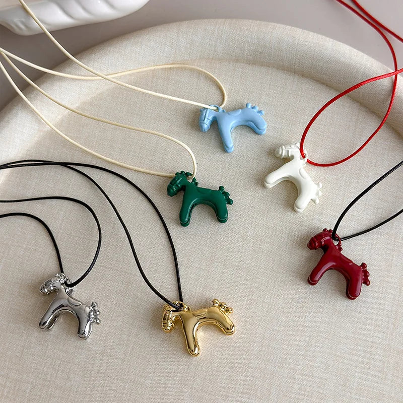 Minimalism Enamel Drip Glaze Colorful Horse Pendant Long Necklace Adjustable Sweater Chain Simple Jewelry Accessories Gifts